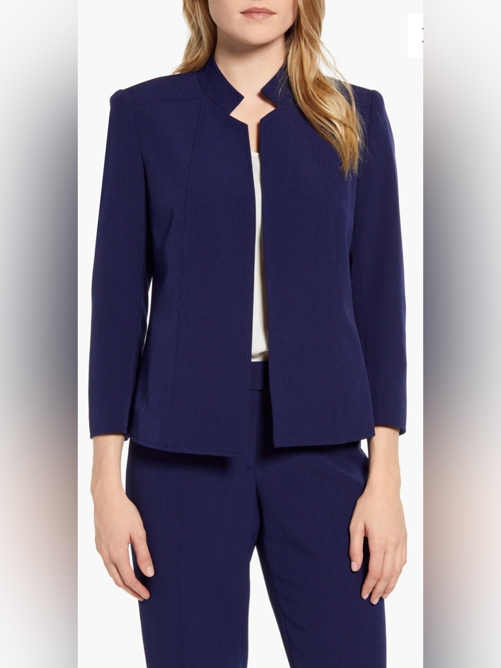 Anne Klein Stand Collar Open Front Jacket Blazer Dark Blue Size 14